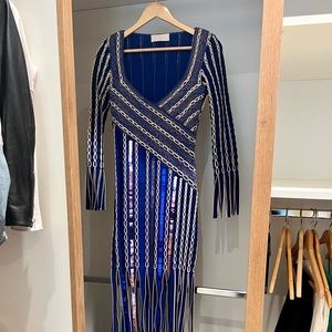 Vintage Peter Pilotto Fringed Sequin-embellished Jacquard-knit Gown in Blue.